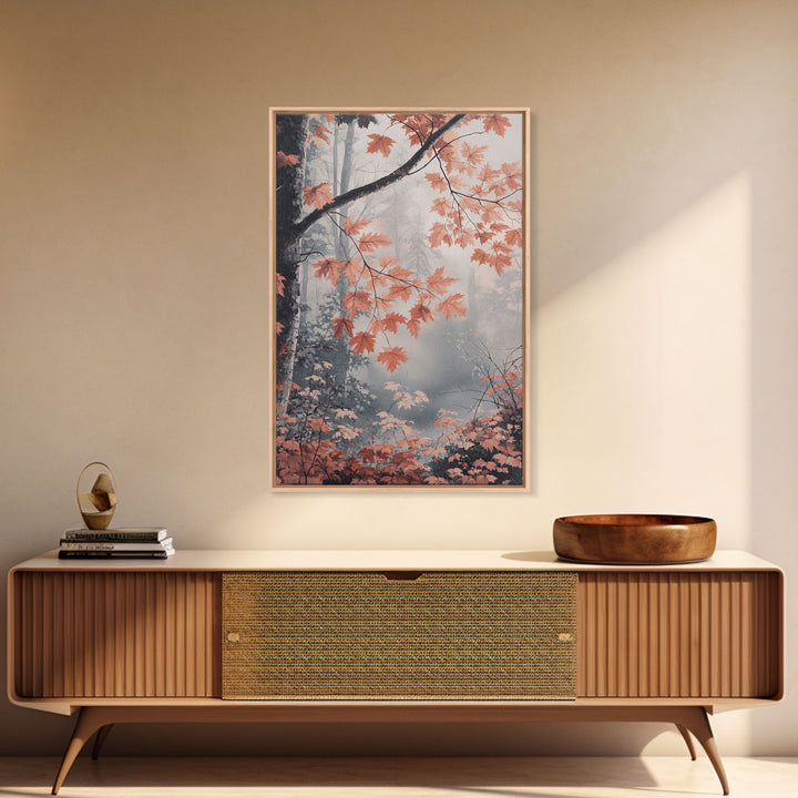 Framed Canvas Print of Fall Leaves on Branches in Misty Forest, Moody Landscape Wall Art, Fall Decor, Gift Idea, Farmhouse Seasonal Art