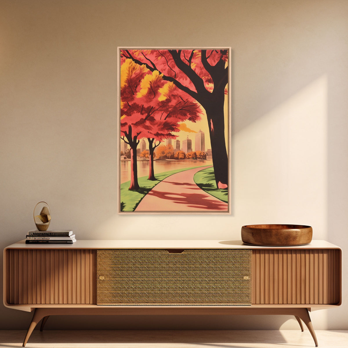 Canvas Print of City Park with Autumn Trees and Path, Seasonal Wall Art, Modern Farmhouse Decor, Best Gift Idea, Fall Cityscape Art