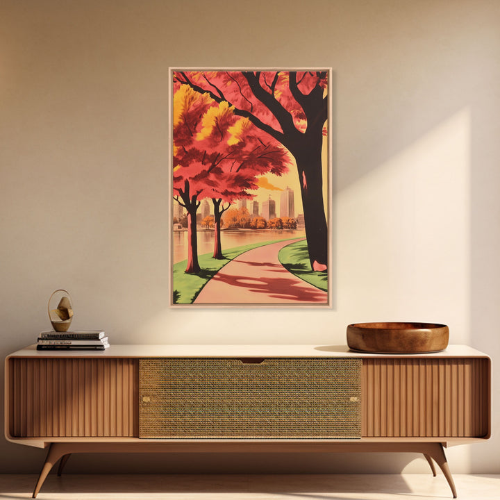 Canvas Print of City Park with Autumn Trees and Path, Seasonal Wall Art, Modern Farmhouse Decor, Best Gift Idea, Fall Cityscape Art