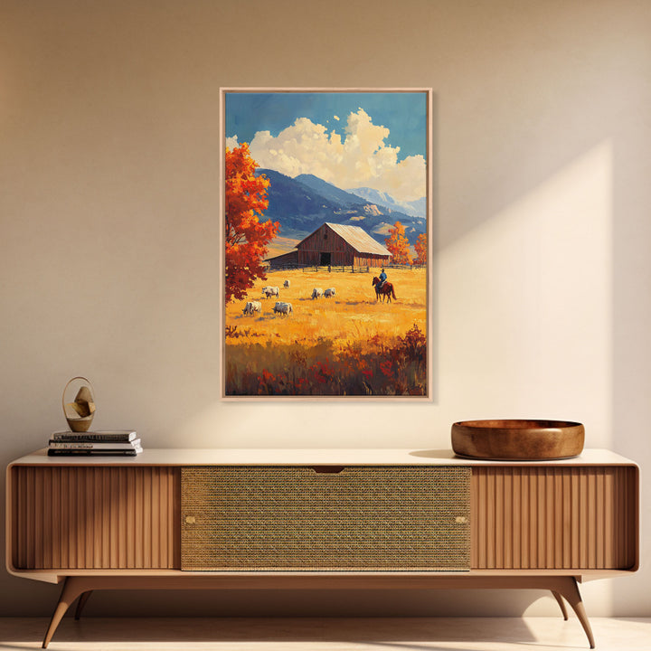 Cowboy Herding Cattle Framed Canvas Print Rustic Autumn Landscape With Barn And Vibrant Fall Colors Perfect Country Christmas Decor Art