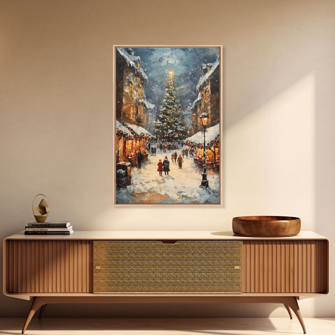 Christmas Market Scene With Tree And Snow Framed Canvas Print Vintage Holiday Village Scene Perfect For Christmas Wall Art And Holiday Decor