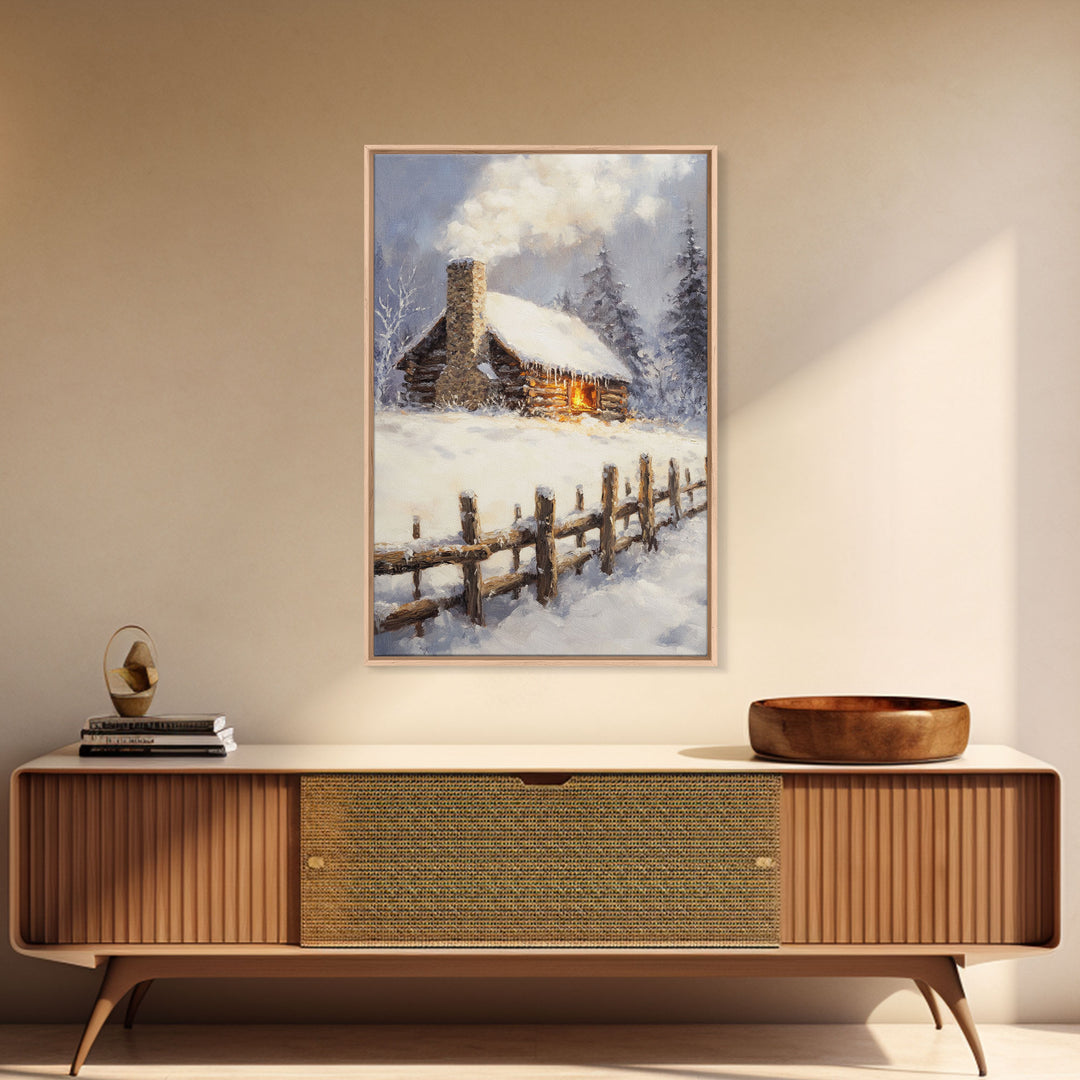 Rustic Cabin In Snow Framed Canvas Print Wall Art Christmas Home Decor, Winter Landscape Art, Cozy Winter Cabin Scene