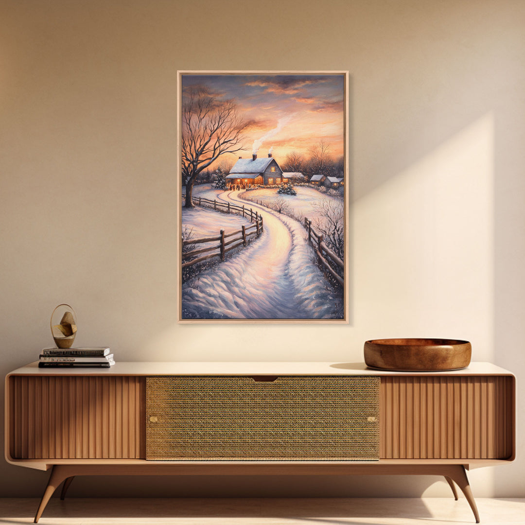 Snowy Path Leading To House Framed Canvas Print Wall Art Christmas Decor, Winter Holiday Art Gift, Cozy Christmas Wall Art