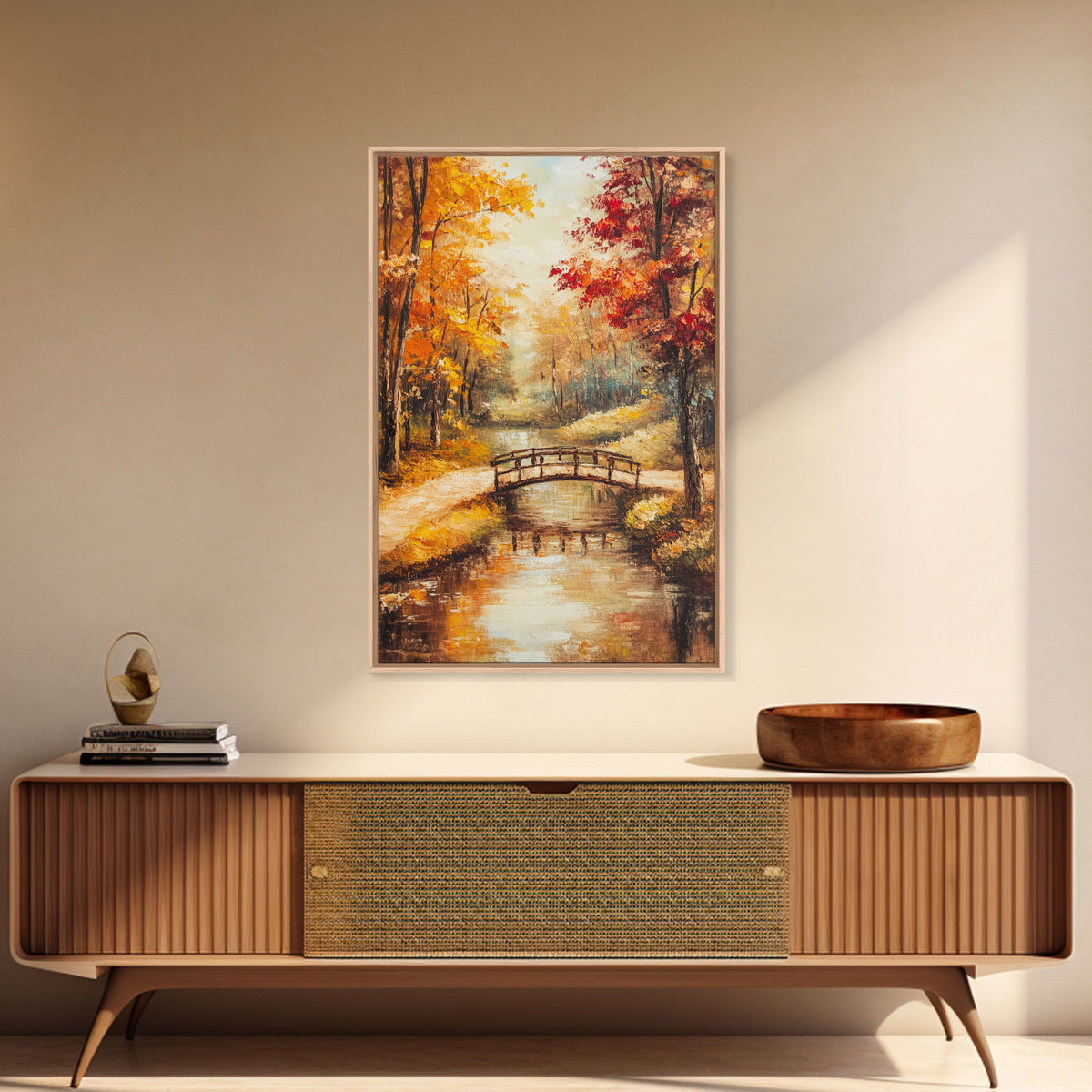 Autumn Bridge Over Stream Framed Canvas Print Wall Art Fall Landscape Decor, Rustic Autumn Art Gift, Seasonal Wall Art