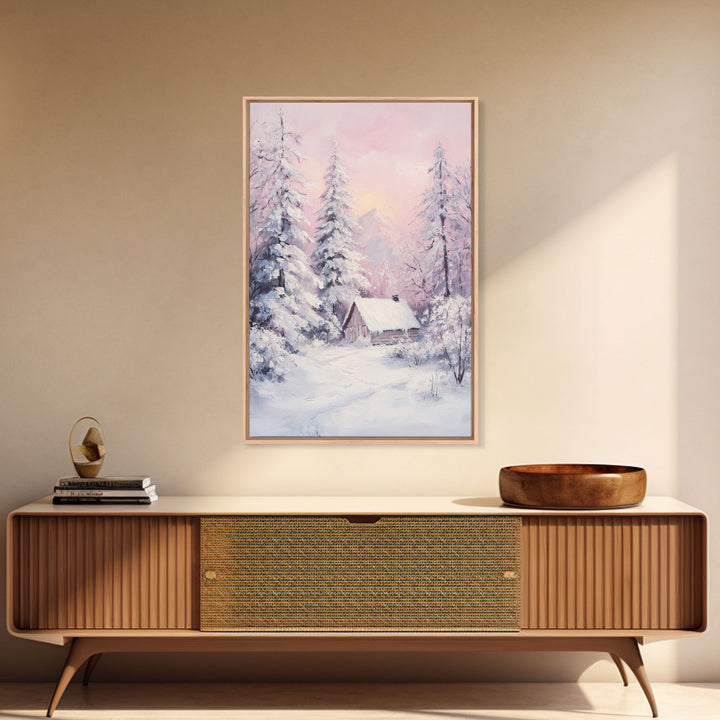 Pink Snowy Cabin Landscape Framed Canvas Print Wall Art Winter Wonderland Decor, Christmas Art Gift, Rustic Winter Scene Art