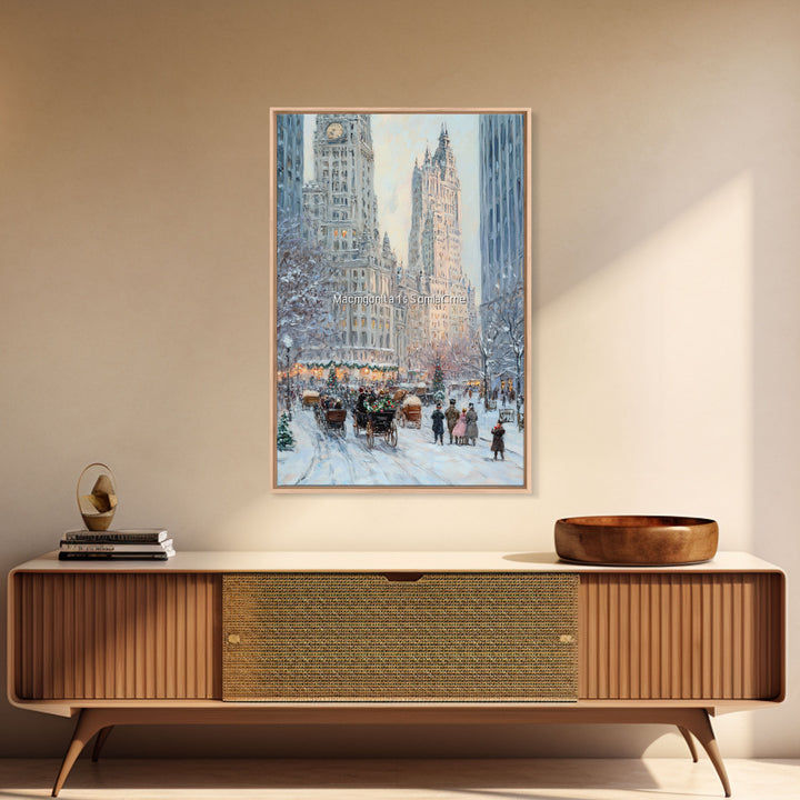 Historical City Winter Framed Canvas Print, Snowy Urban Landscape with Carriages and Victorian Architecture, Elegant Christmas Wall Art