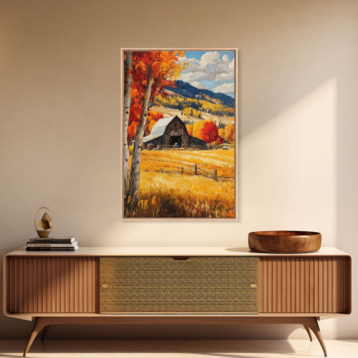 Countryside Barn in Autumn Framed Canvas Print, Bright Fall Landscape Birch Trees, Rustic Wall Art Country Home or Farmhouse Autumn Decor