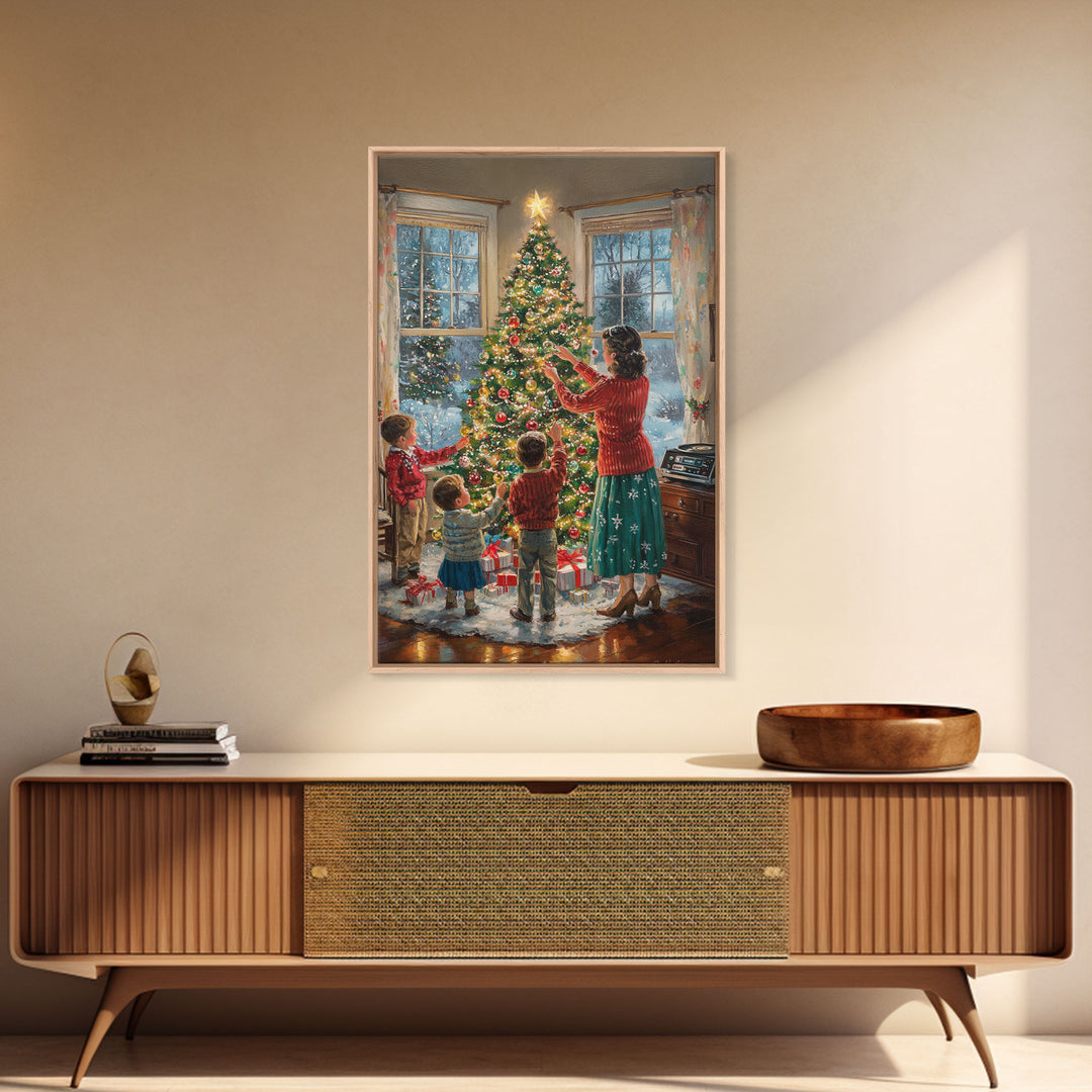 Retro Family Decorating Christmas Tree in Living Room, Classic Christmas Decor Scene, Perfect for Holiday Home, Framed Canvas Print