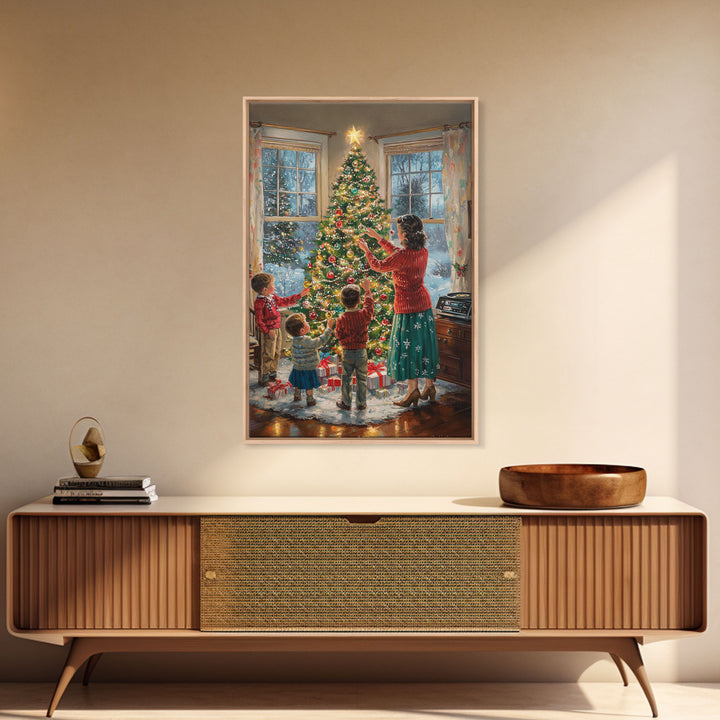 Retro Family Decorating Christmas Tree in Living Room, Classic Christmas Decor Scene, Perfect for Holiday Home, Framed Canvas Print