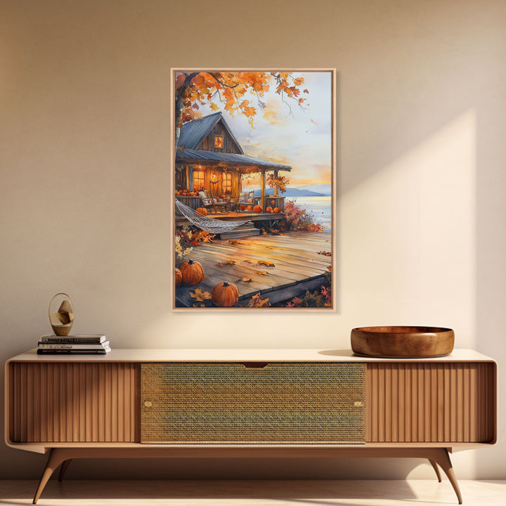 Cozy autumn cabin porch with pumpkins and scenic view, Framed Canvas Print, perfect above sofa art, fall seasonal decor, gallery wall