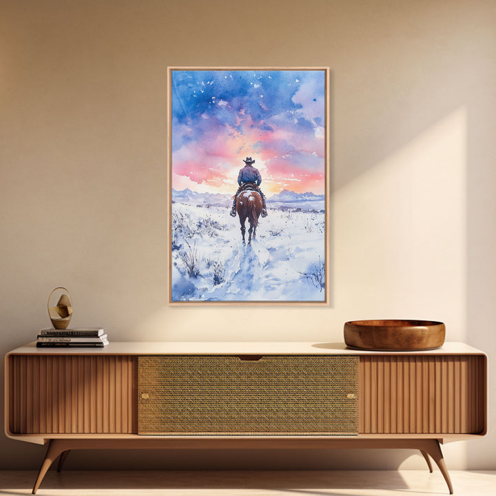 Cowboy riding through snowy sunset, Framed Canvas Print, winter landscape wall art, western decor for above sofa, rustic holiday decor