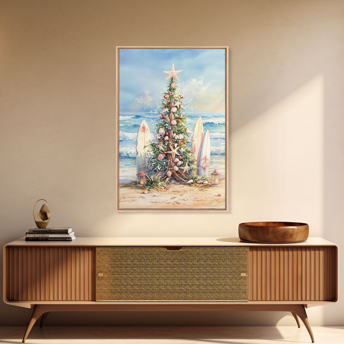 Coastal Christmas tree with surfboards at the beach Framed Canvas Print, tropical holiday wall art beach Christmas decor Christmas prints