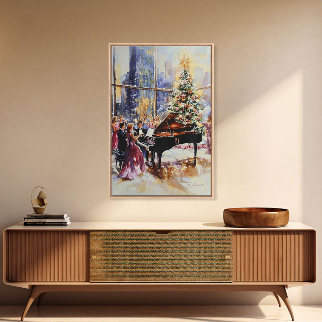 Elegant Christmas party with grand piano and city skyline view Framed Canvas Print, classy holiday wall art perfect seasonal decor idea