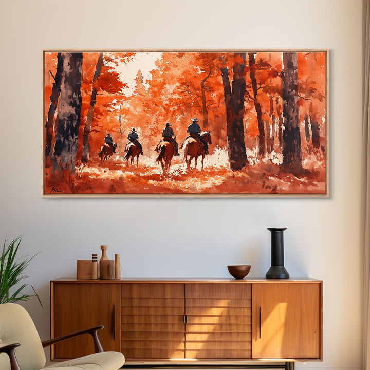 Framed Canvas Print Fall Forest Riders in Autumn Colors, Rustic Cowboy Wall Art, Perfect Fall Decor and Seasonal Home Art