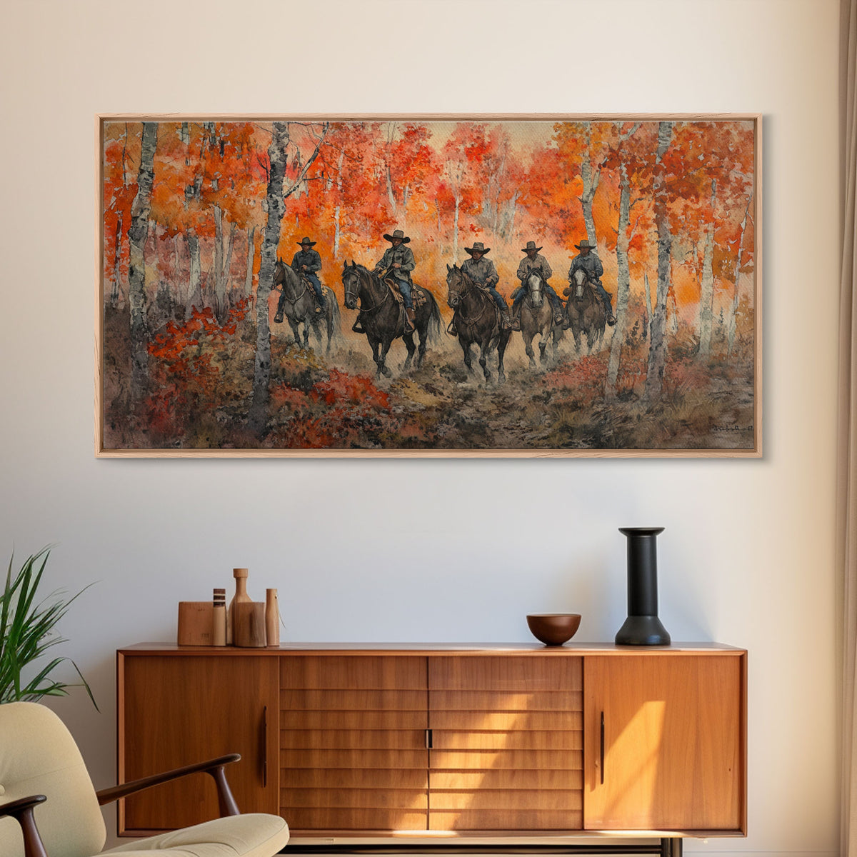 Framed Canvas Print Horseback Riders in Rustic Fall Forest, Cowboy Theme Wall Art, Autumn Home Decor, and Seasonal Canvas Wall Print