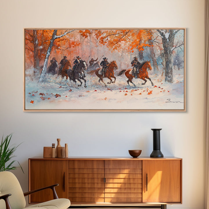 Framed Canvas Print Fall Forest Cowboys in Vibrant Autumn Colors, Perfect Autumn Wall Art, Rustic Home Decor, and Seasonal Cowboy Art