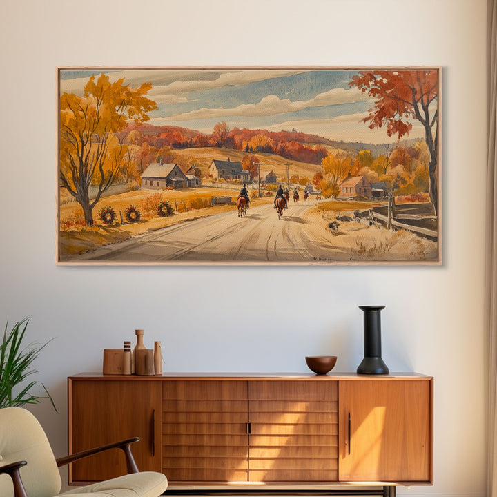 Framed Canvas Print Autumn Cowboy Riders in Fall Colors, Perfect Autumn Decor, Rustic Western Wall Art, and Seasonal Fall Wall Print