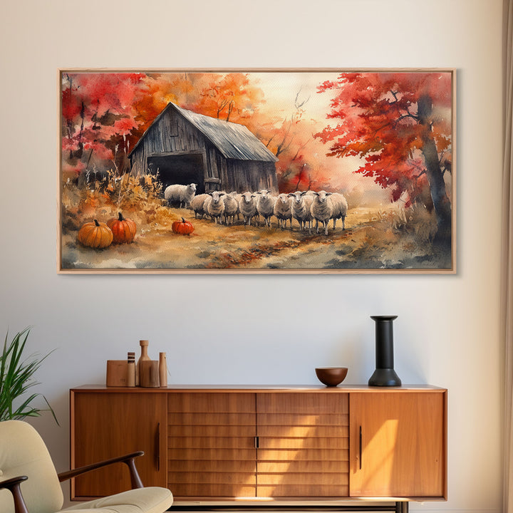 Framed Canvas Print Autumn Farm with Sheep and Pumpkins, Perfect Fall Decor, Rustic Country Home Wall Art, Seasonal Autumn Canvas Print
