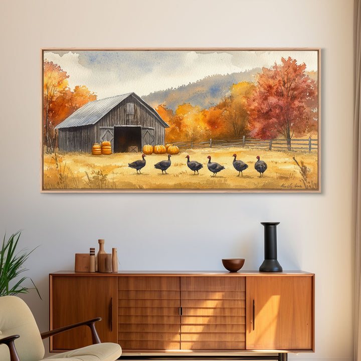 Framed Canvas Print Rustic Barn with Pumpkins and Turkeys, Perfect Autumn Farmhouse Decor, Fall Wall Art, Country Autumn Scene