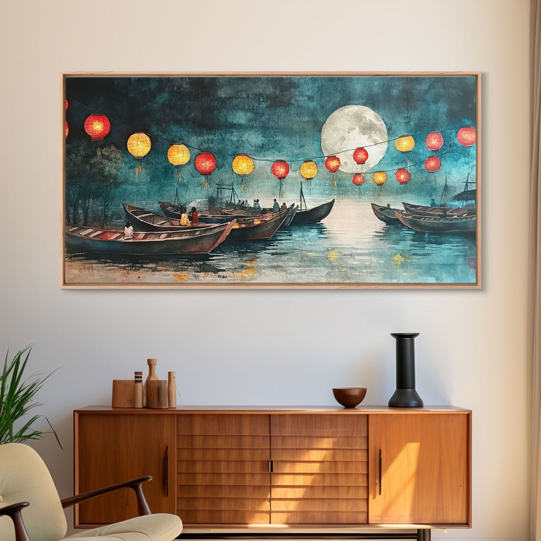 Framed Canvas Print Full Moon Lanterns on Boats, Dreamy Night Scene, Watercolor Christmas Art, Unique Holiday Decor, Coastal Christmas