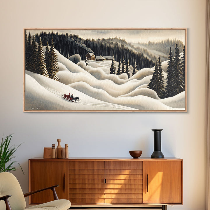 Framed Canvas Print Snowy Mountain Sleigh Ride, Winter Wonderland Wall Art, Christmas Home Decor, Vintage Holiday Scene