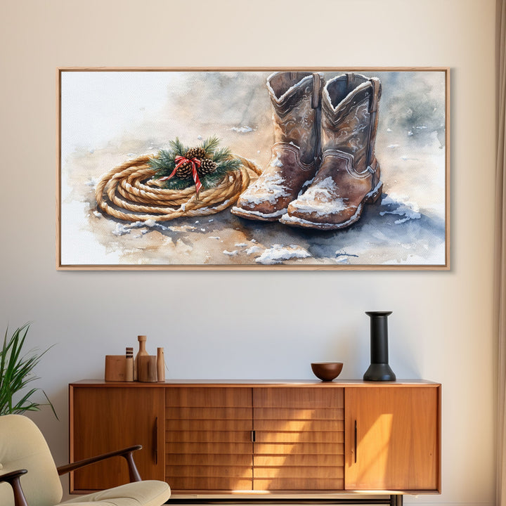 Framed Canvas Print Cowboy Boots and Rope with Pinecones, Rustic Winter Decor, Western Christmas Art, Perfect Holiday Wall Print