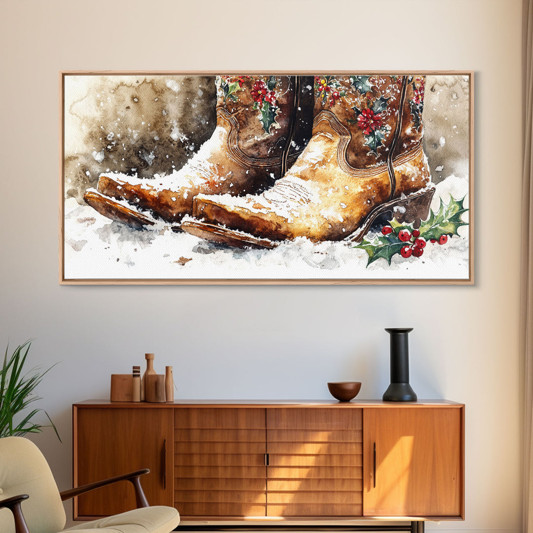 Rustic Cowboy Boots with Holly Framed Canvas Print Christmas Decor Western Holiday Wall Art Vintage Christmas Art Gift Idea 2024