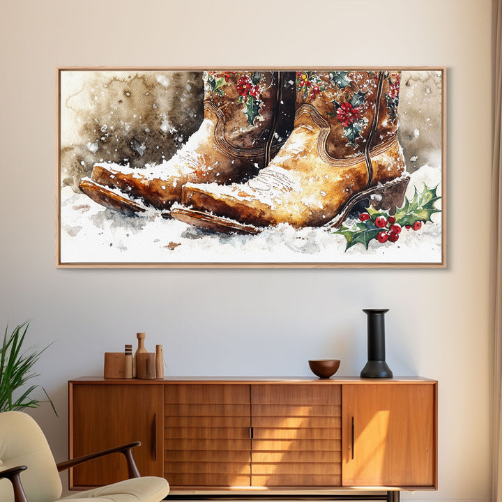 Rustic Cowboy Boots with Holly Framed Canvas Print Christmas Decor Western Holiday Wall Art Vintage Christmas Art Gift Idea 2024
