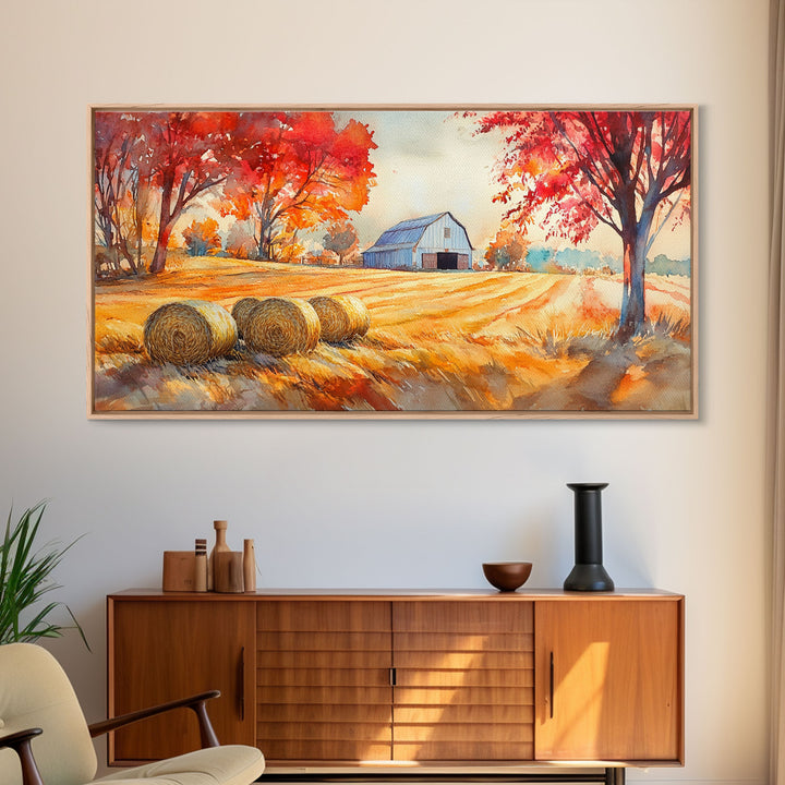 Rustic Autumn Farmhouse Scene Framed Canvas Print Fall Country Landscape with Barn Seasonal Wall Art Farmhouse Decor Holiday Gift 2024