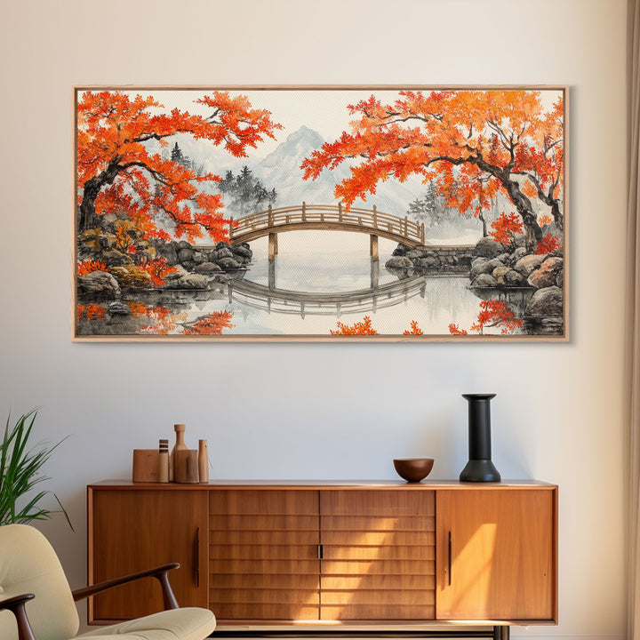 Japanese Bridge in Autumn Framed Canvas Print Fall Landscape Art Nature Wall Decor Seasonal Holiday Art Rustic Country Gift Idea 2024