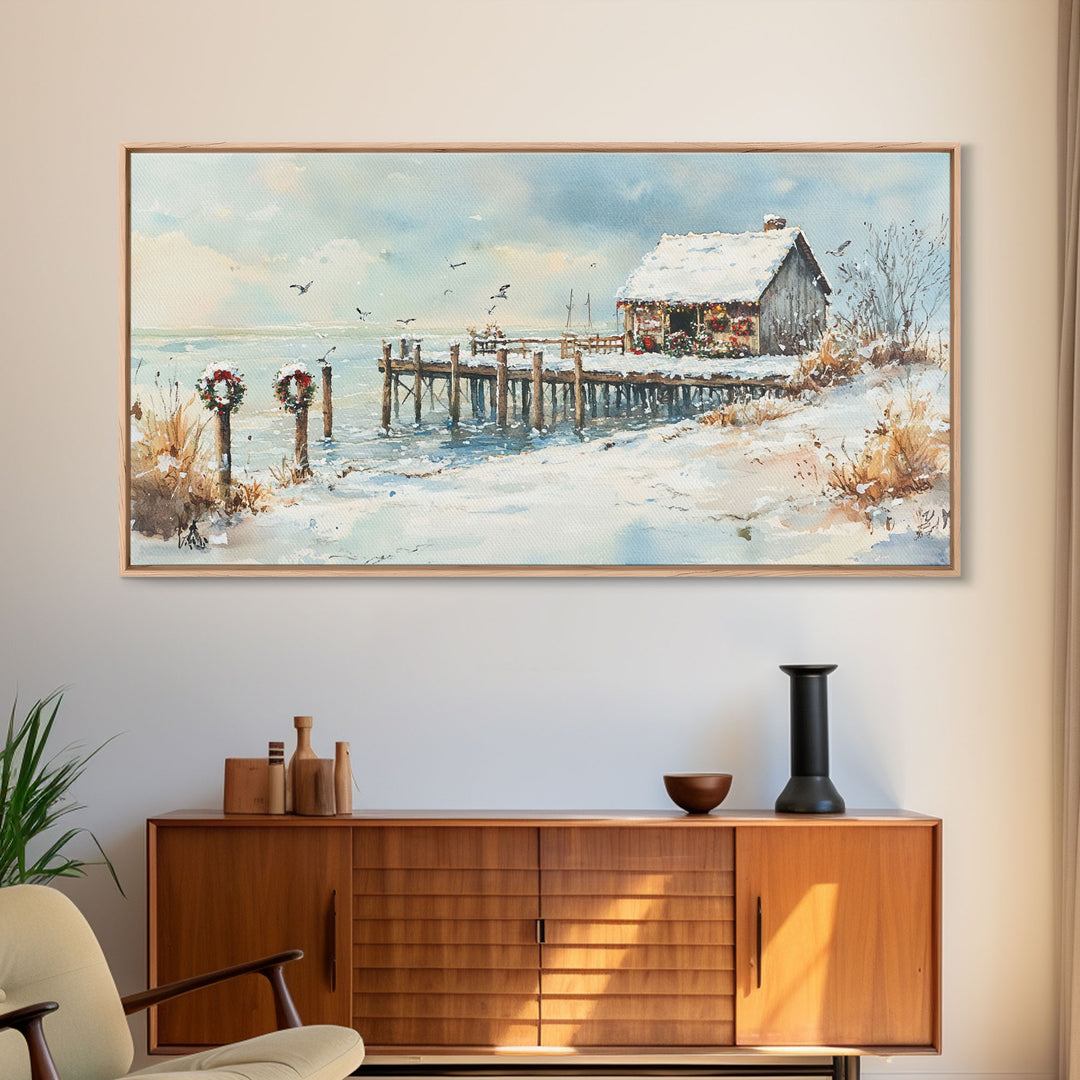 Farmhouse Christmas decor Framed Canvas Print rustic cabin snowy dock Christmas scene Christmas outdoor decor vintage holiday wall art
