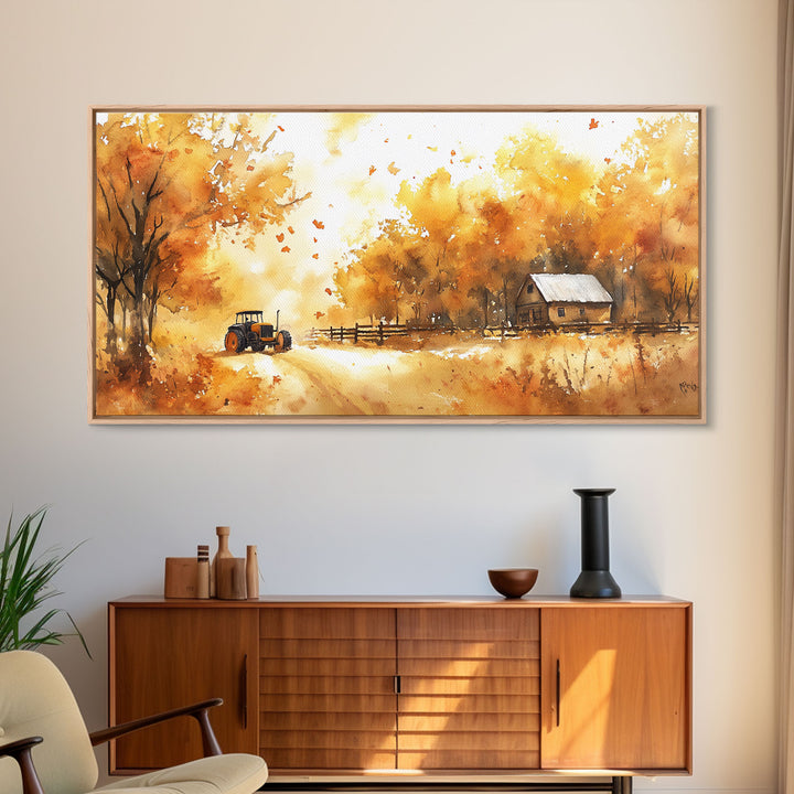 Autumn farmhouse art Canvas Print tractor and cabin rustic decor vintage fall wall art seasonal wall art gift idea fall holiday home decor