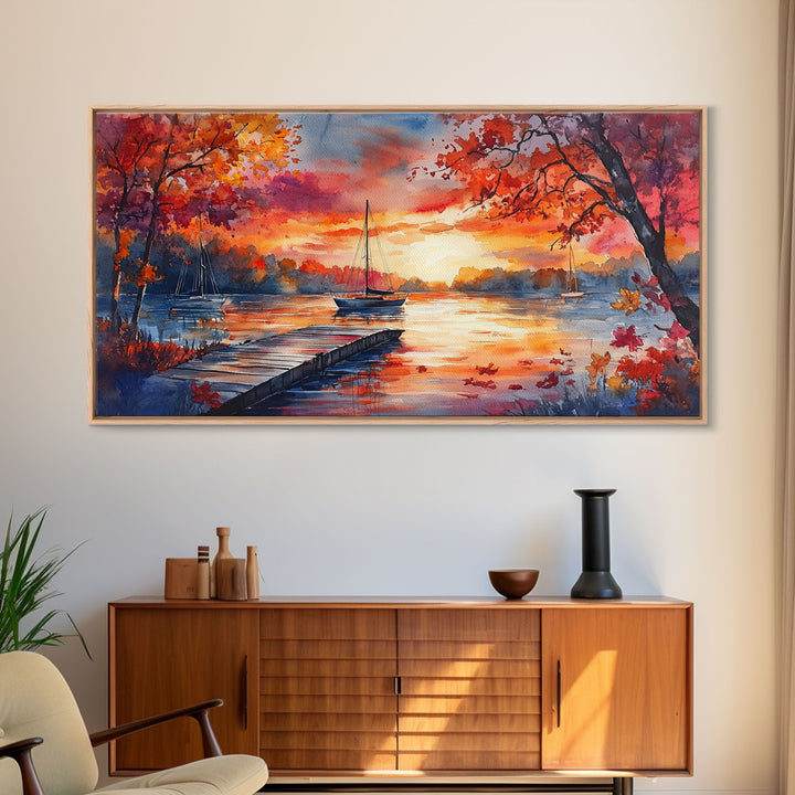 Fall landscape art Canvas Print sunset on lake sailboats moody landscape holiday wall art vintage fall decor gift idea autumn wall art
