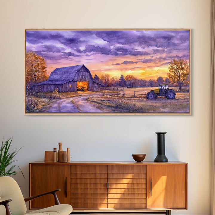 Farmhouse autumn decor Framed Canvas Print evening barn scene with tractor warm fall colors gift idea autumn seasonal wall art rustic decor