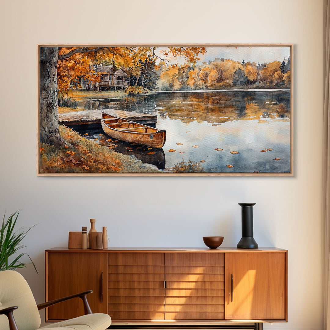 Fall lake house decor Framed Canvas Print serene lakeside cabin canoe rustic autumn wall art seasonal decor gift idea cozy fall home decor