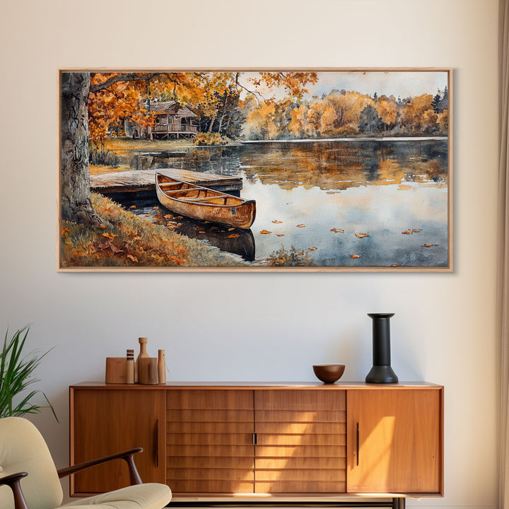 Fall lake house decor Framed Canvas Print serene lakeside cabin canoe rustic autumn wall art seasonal decor gift idea cozy fall home decor