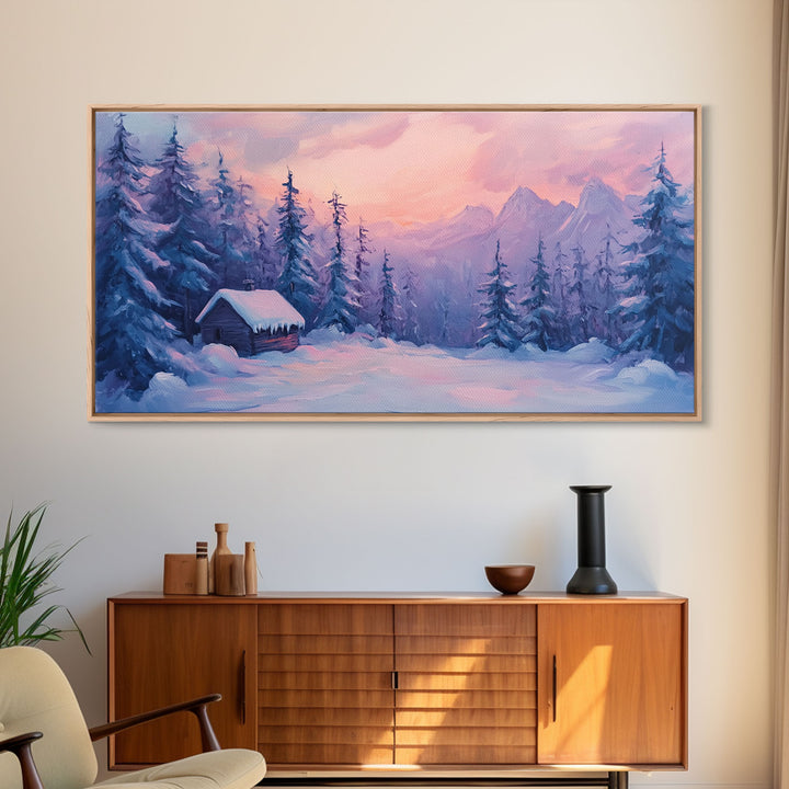 Cozy Cabin Surrounded By Winter Trees Tall Art Framed Canvas Print Serene Snowy Forest Cabin Landscape With Warm Interior Lights