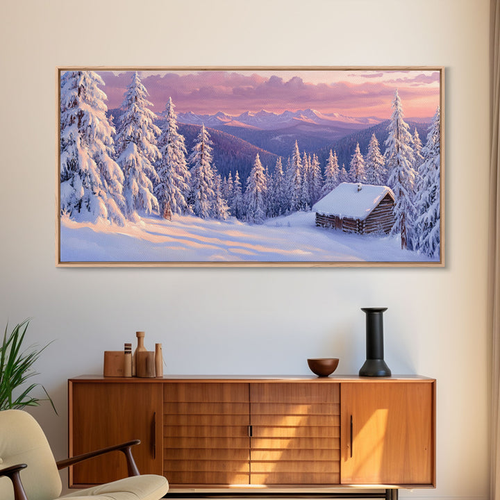 Mountain Cabin At Sunrise Tall Art Framed Canvas Print Winter Snow Covered Trees And Cabin In Mountains With Pastel Sky