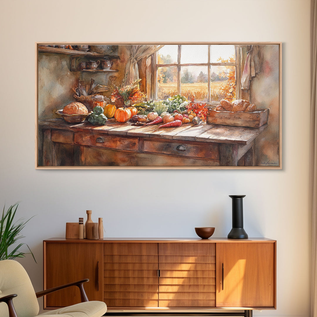 Autumn farmhouse scene art, seasonal wall decor, vintage fall wall art, rustic autumn home decor, gift idea, framed canvas print