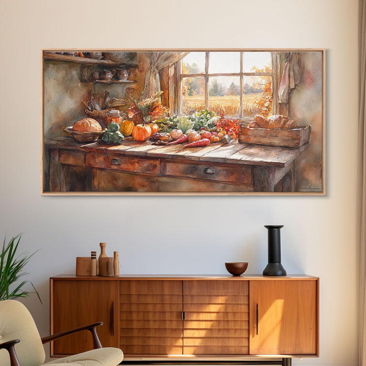 Autumn farmhouse scene art, seasonal wall decor, vintage fall wall art, rustic autumn home decor, gift idea, framed canvas print