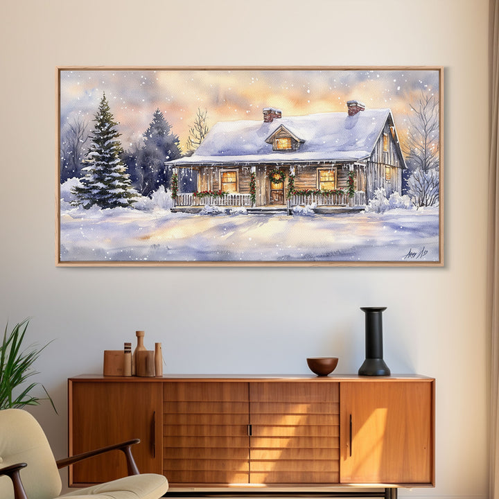 Log cabin in winter, snowy holiday art, farmhouse Christmas decor, rustic Christmas, vintage wall art, framed canvas print