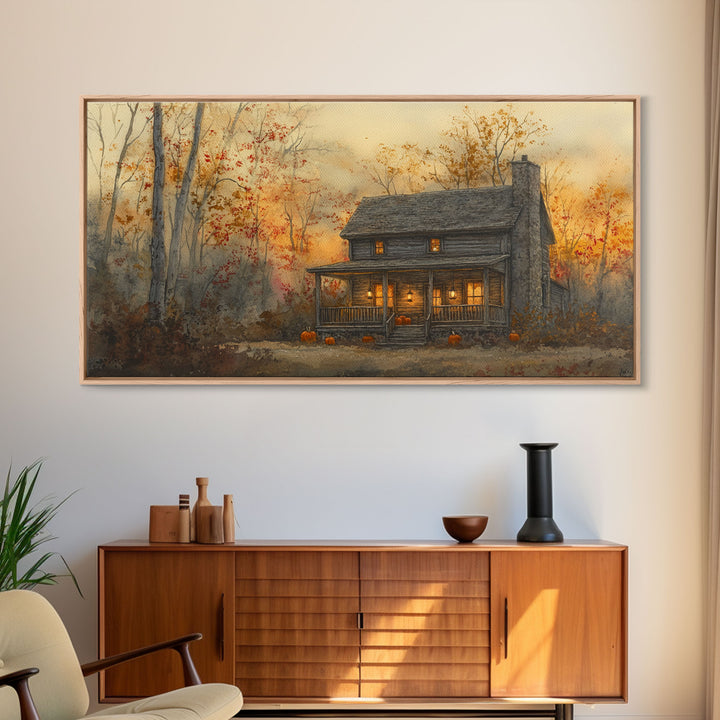 Spooky farmhouse art, Halloween wall art, autumn pumpkin decor, rustic wall print, moody landscape, vintage fall art, framed canvas print