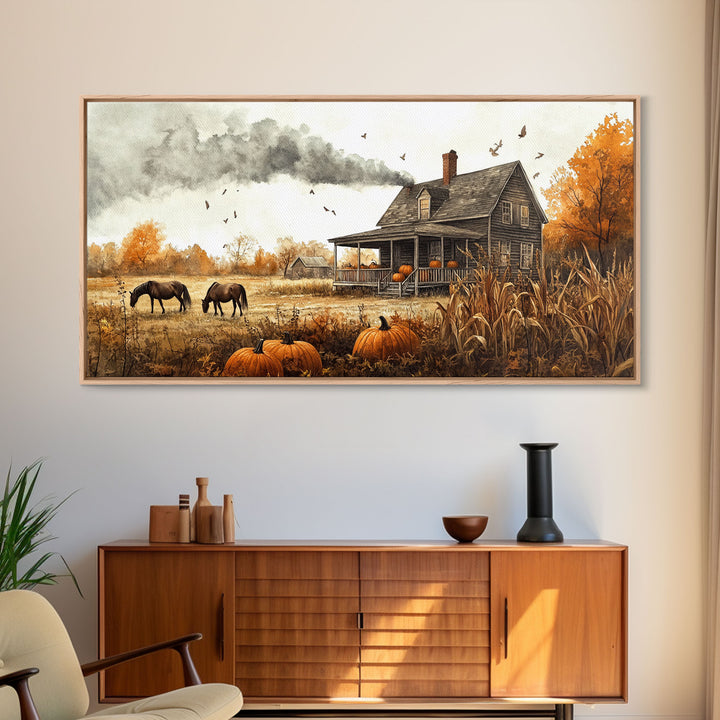 Horses grazing in autumn landscape, fall farmhouse decor, rustic wall art, decor, vintage fall wall print, framed canvas print