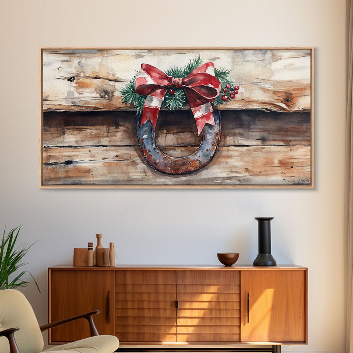 Festive horseshoe Christmas art, rustic holiday decor, farmhouse holiday gift idea, cozy winter home decor, framed canvas print