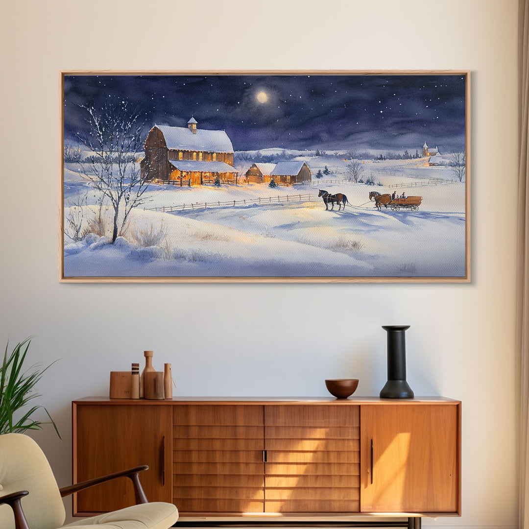 Horse and Barn in Snowy Christmas Scene, Framed Canvas Print, Winter Christmas Decor, Farmhouse Christmas, Rustic Holiday Art, Wall Art