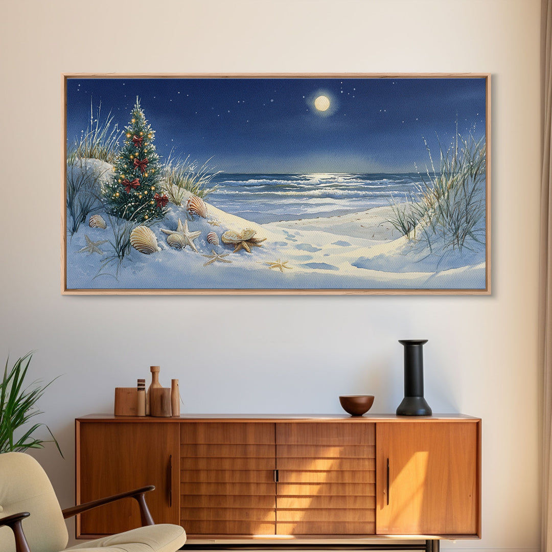 Christmas Tree on Snowy Beach with Full Moon, Framed Canvas Print, Coastal Christmas Art, Nautical Holiday Decor, Winter Wonderland, Beach