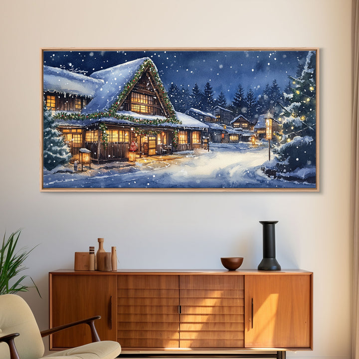 Cozy Snowy Christmas Cabin Scene Canvas Print | Winter Wonderland Christmas Wall Art | Rustic Christmas Decor | 2024 Holiday Art Gift