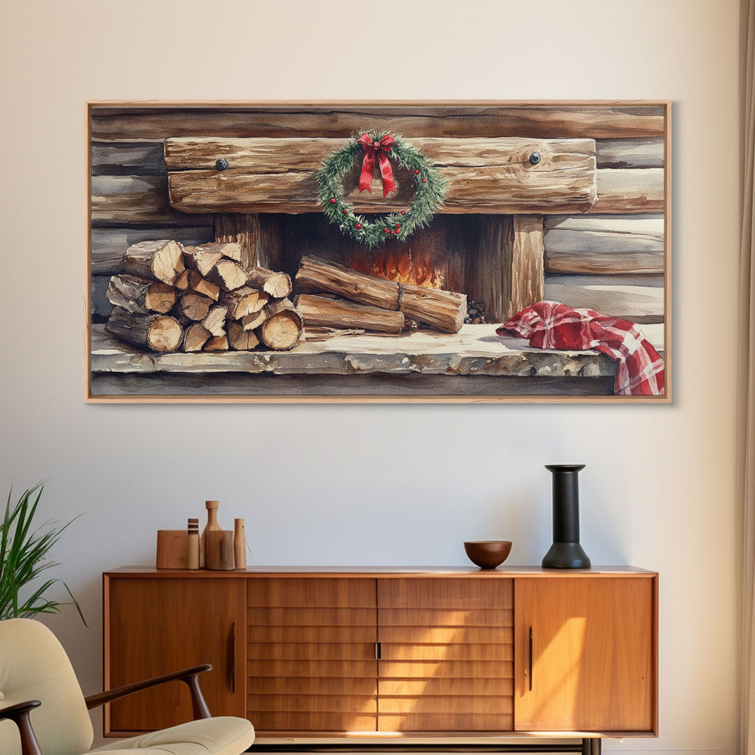 Cozy Cabin Fireplace Christmas Canvas Print | Rustic Christmas Wall Art | Holiday Home Decor | Christmas Mantle Decor | 2024 Christmas Gift
