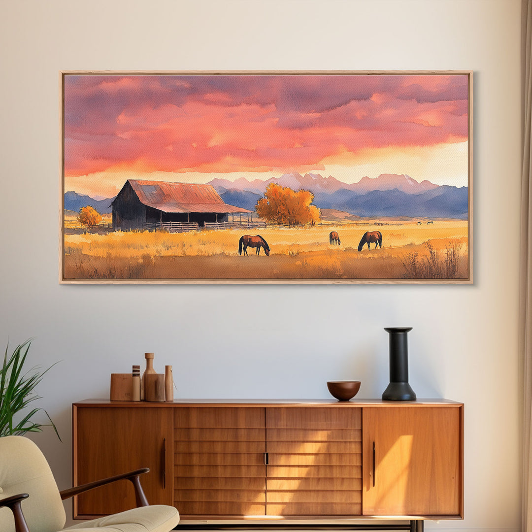 Rustic Mountain Barn Sunset Canvas Print | Autumn Farmhouse Wall Art | Fall Home Decor | Holiday Art Gift | Framed Canvas Print Wall Decor
