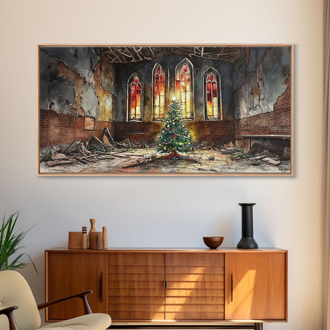 Christmas tree in abandoned church art, framed canvas print, rustic Christmas decor, winter decor, vintage Christmas scene art for home